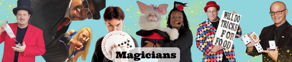 A dynamic and colorful banner featuring a variety of charismatic magicians performing classic tricks. Against a bright turquoise background sprinkled with yellow magical sparkles, each magician displays signature props: cards fanned out, silk scarves, magic wands, and a bunny puppet. One magician wears a red jacket and holds a long card trick; another performs sleight of hand with a deck; a female magician presents a fluffy white bunny puppet dressed in a cape; and another wears a multicolored polka-dot suit holding a humorous "Will Do Tricks for Food" sign. Each magician exudes energy and charm. The word "Magicians" is written in bold black letters on a semi-transparent white banner.