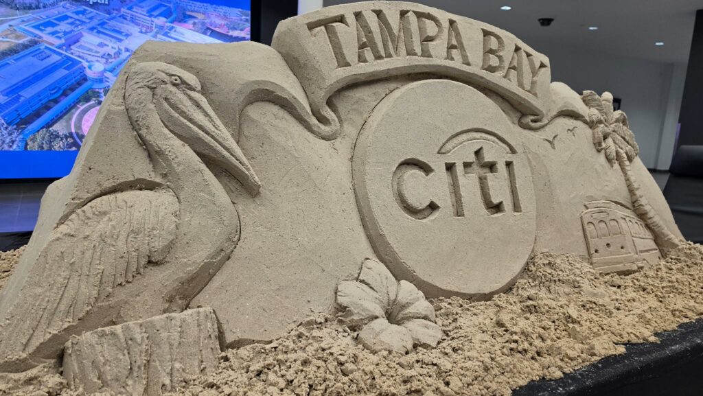 citi bank sand sculpture closeup logo florida theme pelican