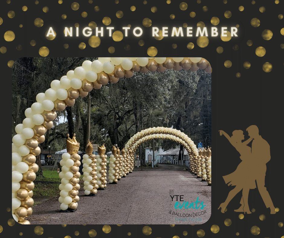 A-NIGHT-TO-REMEMBER-prom-crown-arches black and gold graphics and cream and gold arches and columns with crown toppers