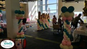 AVA 1st birthday party balloon decorations and columns for Childrens Glazier Museum decorations