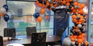 Artic Wolf Orange Gray Blue balloon decor company meeting balloon bouquets and arch