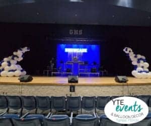 Balloon Stage Decor for Gaither High School Showcase organic white and blue school colors