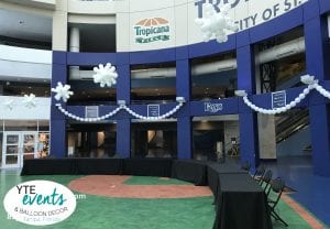 Ceiling balloon decor at Tampa Bay Rays event Snowflakes 1