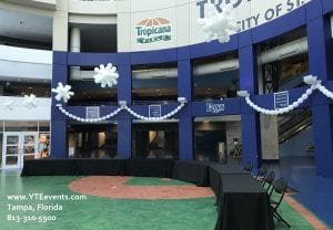 Ceiling balloon decor at Tampa Bay Rays event Snowflakes