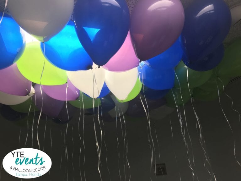 Helium Balloons on the Ceiling: Blue, Lilac, White, Lime