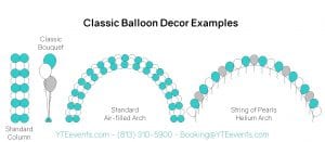 Shows examples of classic balloon decor, specifically standard column, classic bouquet, standard air-filled arch, and string of pearls helium arch