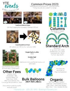 Balloon decor price sheet for a full-service entertainment and balloon decor company offering a variety of services including balloon drops, columns, arches, organic decor, and balloon yard numbers.