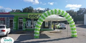 Cricket grand opening balloon arch and columns