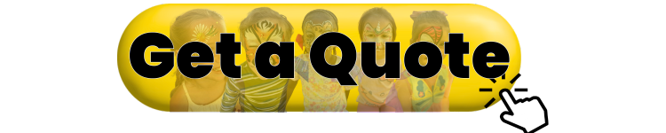 A shiny, rounded yellow button featuring bold black text that reads "Get a Quote." The background of the button subtly includes joyful children with colorful face paintings—a tiger, a butterfly, a daisy, and a superhero—smiling brightly. A playful white hand cursor icon is clicking on the button’s corner, with dotted lines indicating interaction.