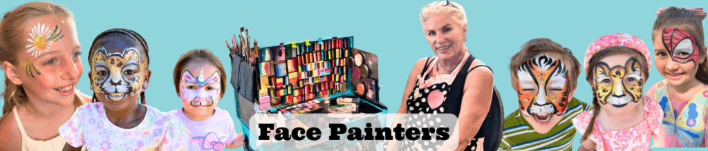 A cheerful collage of children and a professional artist showcasing vibrant and creative face paint designs. Each child features a unique design: a daisy flower, a leopard, a butterfly, a tiger, and a superhero. The center displays an open professional face painting kit brimming with colorful paints, brushes, and sponges. A smiling face painter stands beside the kit in a polka dot apron with a heart on it. All subjects are set against a bright turquoise background. The words "Face Painters" are centered in bold black text over a soft gray translucent banner.
