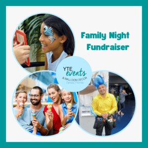 Family night fundraiser face painting balloon twister and family eating ice cream