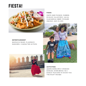 Fiesta party planning collage; nacho bar ingredients, entertainment suggestions: mirabel, character actors, salsa dancers, dance lessons