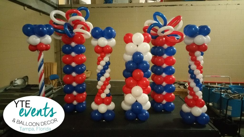 Fourth of July themed event for balloon column decorations at rays baseball game multiple types of balloon columns shown