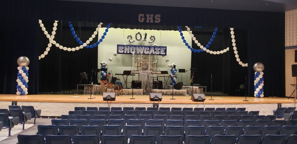 Gaither High School Stage Decorations Linking Garland and Columns 2019 Showcase