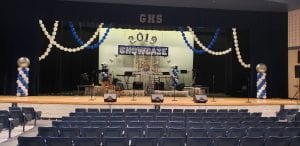 Gaither High School Stage Decorations Linking Garland and Columns 2019 Showcase scaled