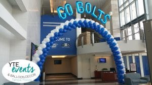 Go bolts large photo of 40 foot balloon arch blue and white