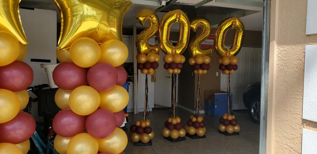 Graduating 2020 Burgundy and Gold Balloon Decorations Columns