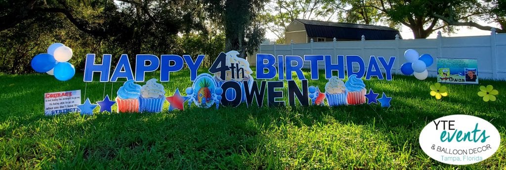 Happy Birthday Owen 4th Celebration Sponge Bob Theme with Cupcake and Star Yard Art  scaled