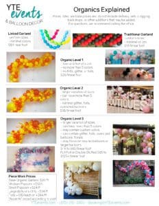 Balloon decor organic price sheet for a full-service entertainment and balloon decor company offering a variety of organic garland options including balloon garlands, balloon backdrops, and balloon walls.