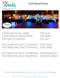 Balloon pool decor price sheet for a full-service entertainment and balloon decor company offering a variety of pool decor options and pricing.