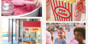Images of popcorn and candy machines, girls eating cotton candy, and a bucket of popcorn