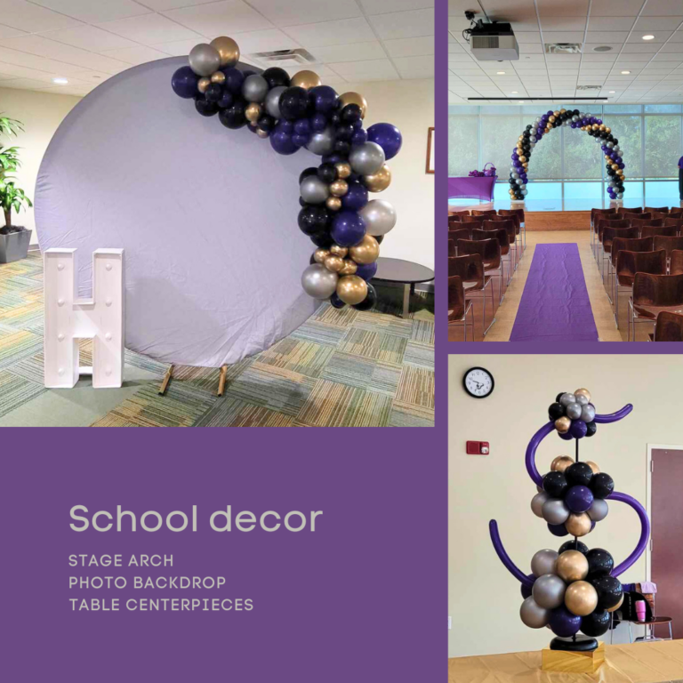 Purple-gold-silver-black-school-campus-decor-arch-photo-backdrop-centerpiece