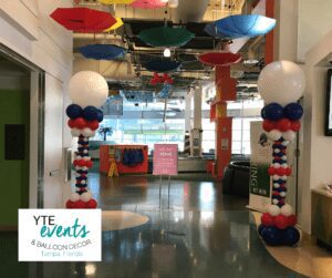 Red, white and blue balloon columns for an Independence Day event at the Children's Museum in Tampa.