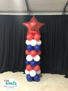 Star foil topper on red white blue fourth of july patriotic themed balloon column