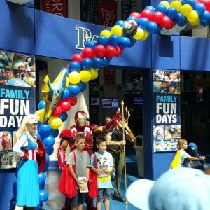 Super Hero Balloon Arch and characters for event e1499453354871
