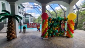 Tropical Parrot Themed Balloon Birthday Party Decor with Wall and Palm Trees