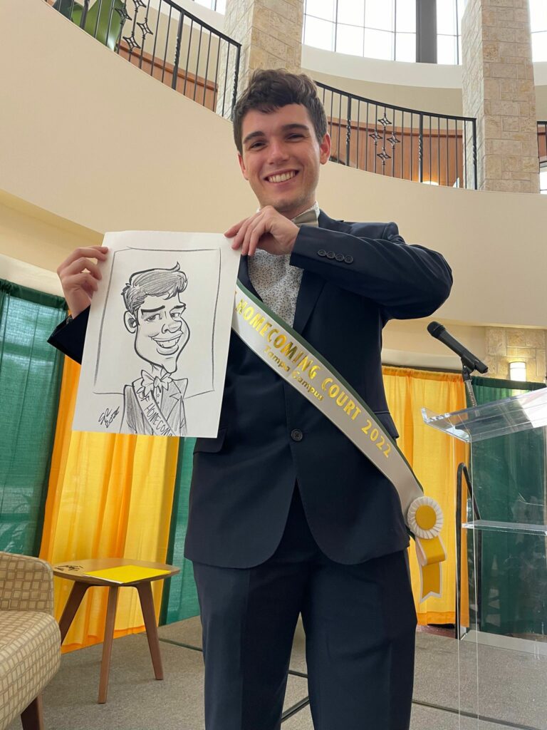 USF homecoming court member posing with his caricature portrait