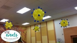 Yellow and Blue balloon topiaries on ceiling for fun kids zone area