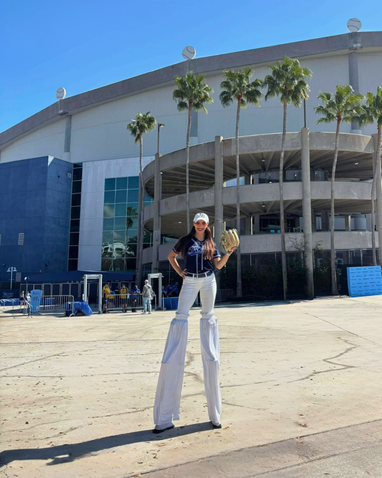 rays baseball stilt walker woman block party baseball mitt
