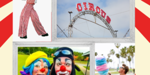 circus party plan with a stilt walker, clowns, and a man holding cotton candy