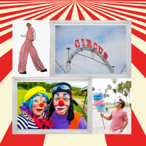 circus party plan with a stilt walker, clowns, and a man holding cotton candy