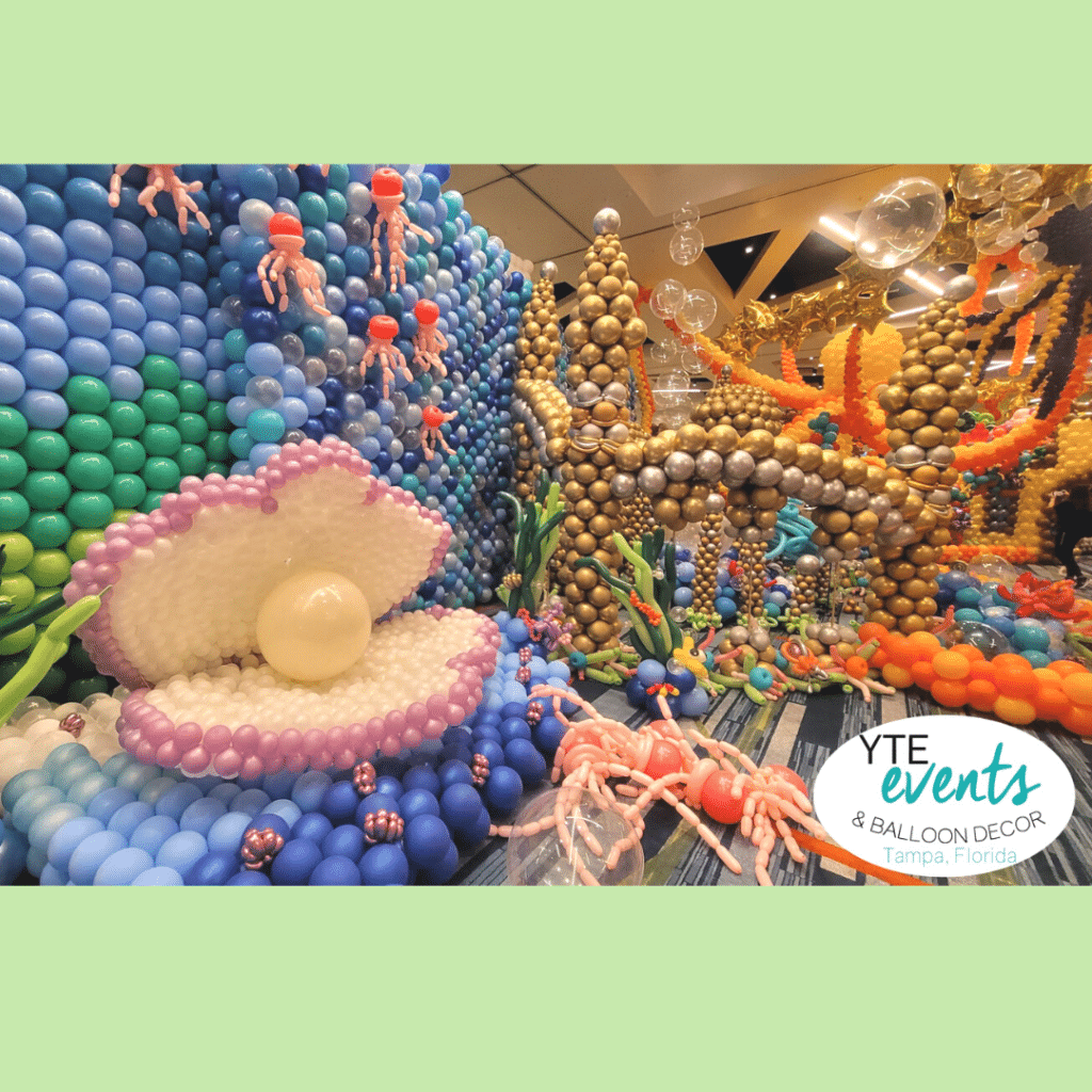 clamshell balloon decor for underwater theme event