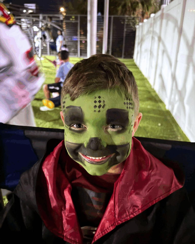 edited mine craft creeper building green guy face paint little boy