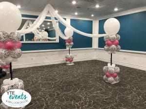 gorgeous balloon dance floor canopy with pink and white