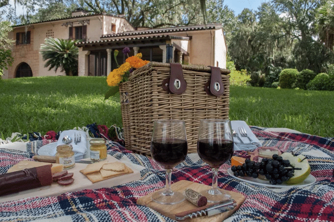 Picnic on the lawn at bok tower gardens with flannel blanket and a basket next to wine cheese and assorted fruits.