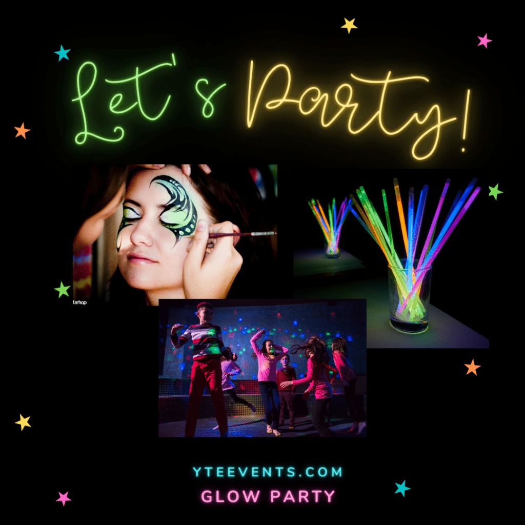 glow party collage with glow in the dark face paint, glow sticks, and a black light dance party