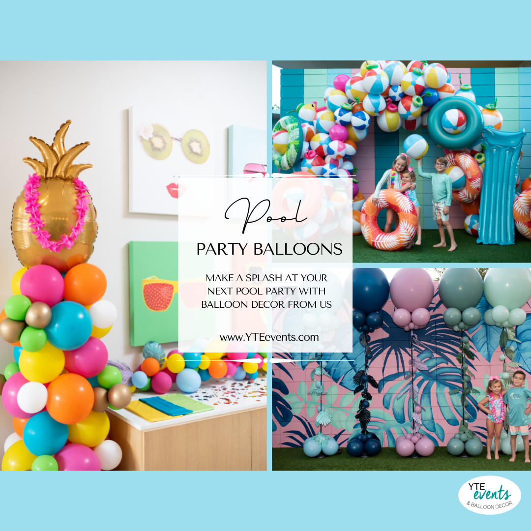Colorful pool party balloon decor featuring beach ball balloon arch, pineapple balloon centerpiece, and pastel balloon garlands with children enjoying