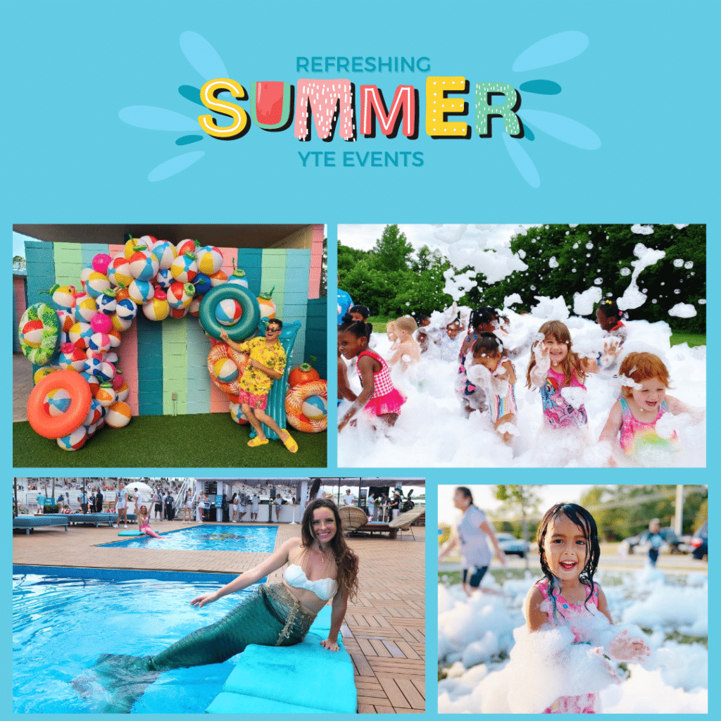 refreshing summer party collage, Beach ball "balloon" arch, mermaid laying by the pool, two photos of children playing in foam bubbles