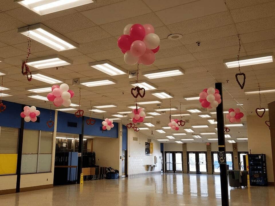 school valentines day ceiling topiaries