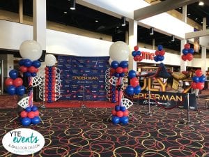 spiderman release party stage decorations and backdrop scaled