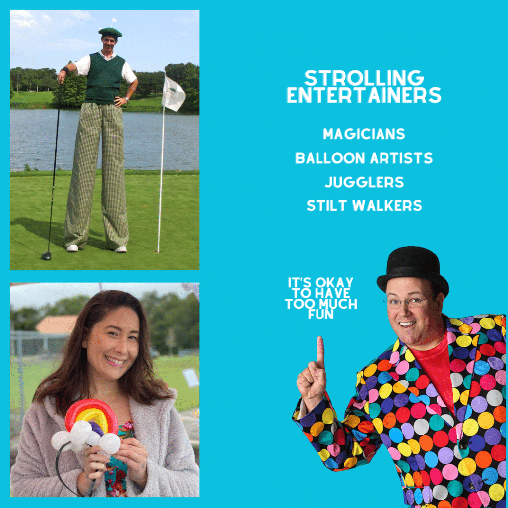 strolling entertainers magician balloon twister and stilt walker promo collage