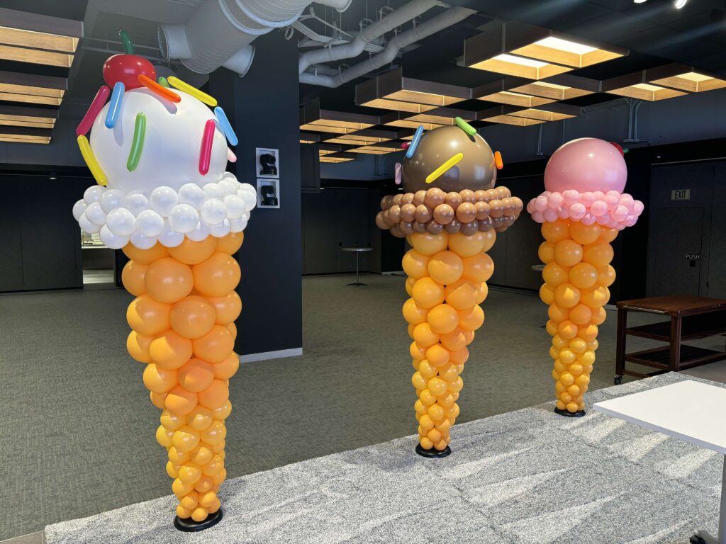 trio-of-ice-cream-cones- made out of balloons vanilla-chocolate-strawberry