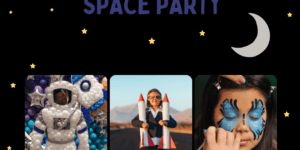 Yte Space Party theme astronaut made from balloons, girl holding bottle rockets, girl getting her face painted